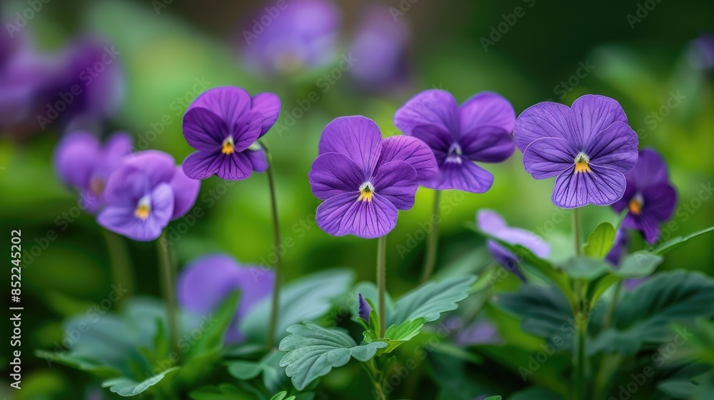 Close up image of multiple purple Viola tricolor flowers with heart shaped petals and green foliage Close up image of multiple purple Viola tricolor flowers with heart shaped petals and green foliage
