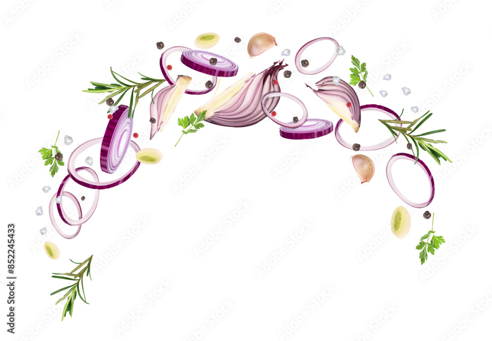 dynamic composition in the form of an arch of red onions, rosemary, parsley, garlic, spices and seasonings. Vector realistic illustration isolated on white background. dynamic composition in the form of an arch of red onions, rosemary, parsley, garlic, spices and seasonings. Vector realistic illustration isolated on white background.