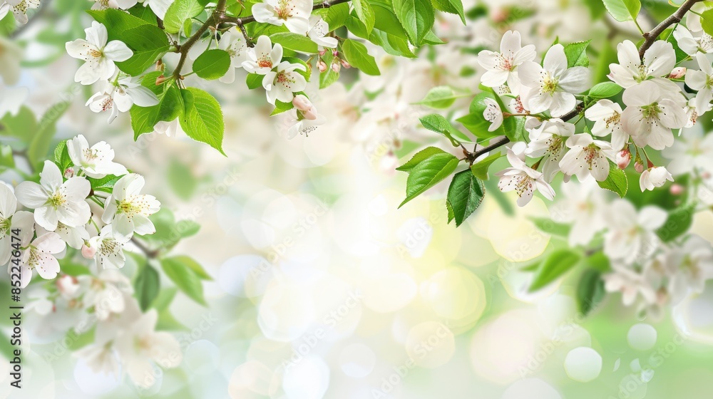 Cherry blossom and green leaves in spring a seasonal floral background Cherry blossom and green leaves in spring a seasonal floral background