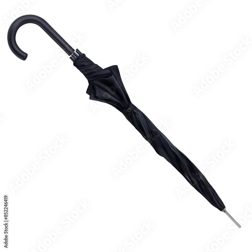 Folded black closed umbrella cane. Classic umbrella. Mockup, template for logo presentation. Realistic vector illustration isolated on white background.
