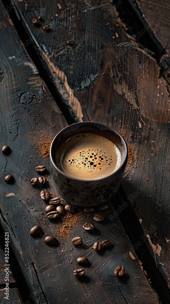 A cup of coffee and scattered beans on the table against a wooden background A cup of coffee and scattered beans on the table against a wooden background