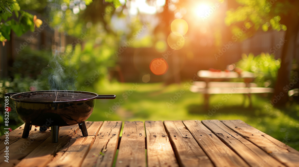 Summer time in backyard garden with grill BBQ, wooden table, blurred background Summer time in backyard garden with grill BBQ, wooden table, blurred background