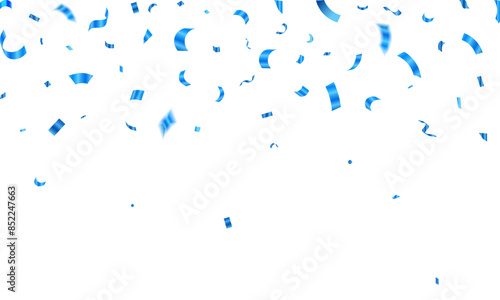 Blue confetti on transparent backdrop. Realistic falling tinsel. Luxury anniversary template. Flying decoration elements.	