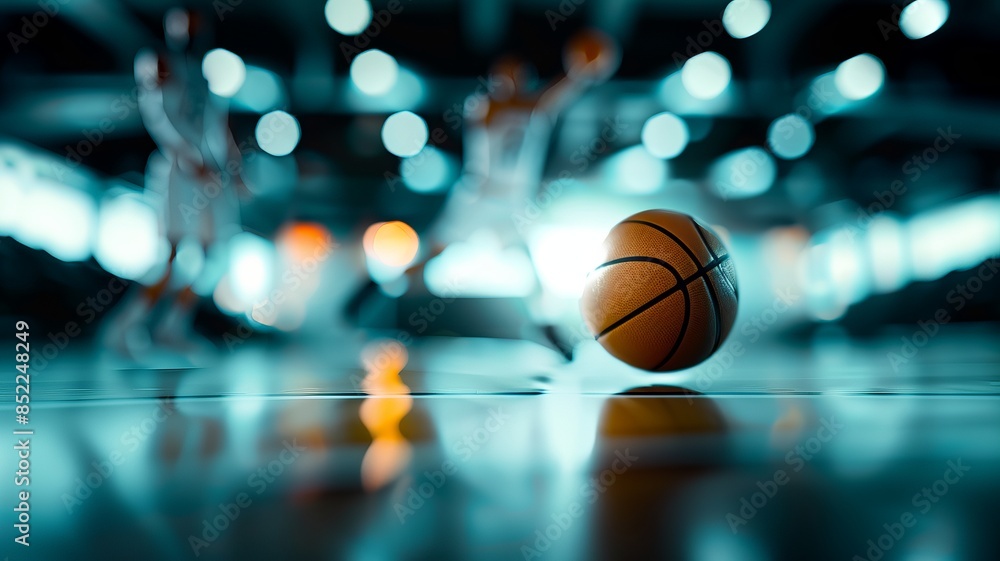 Obraz premium Dynamic basketball on court with players in the background, highlighting the sport's energy and focus on the game.