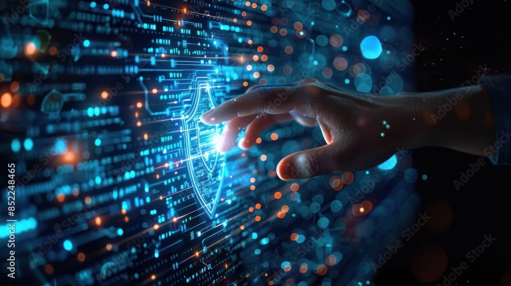 Cyber Security Concept with Shield and Hand Reaching Out Cyber Security Concept with Shield and Hand Reaching Out