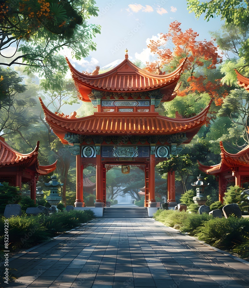 Traditional Chinese Architecture with Red Rooftops and Pathway Traditional Chinese Architecture with Red Rooftops and Pathway