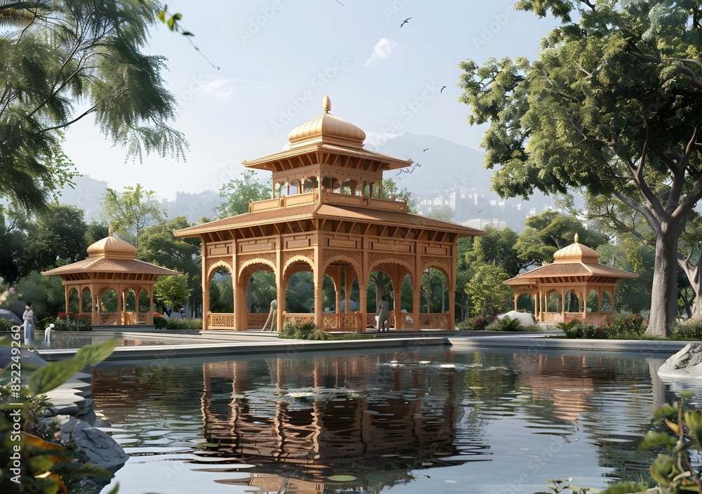 A beautiful park with a pond and a pavilion. A beautiful park with a pond and a pavilion.