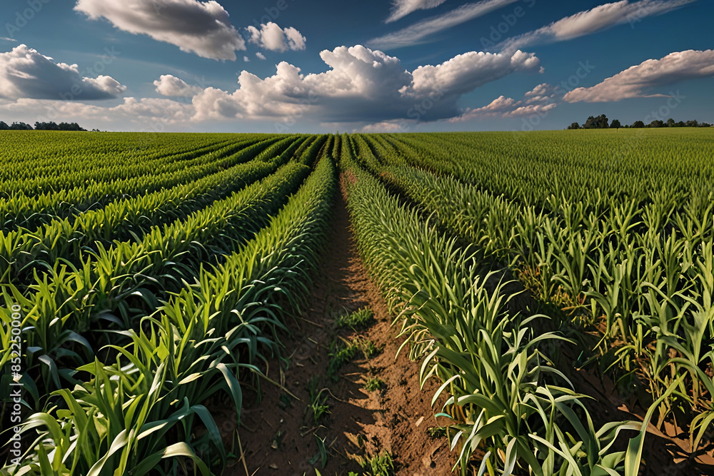 Fototapeta premium Lush green cornfield under a serene blue sky with scattered clouds.