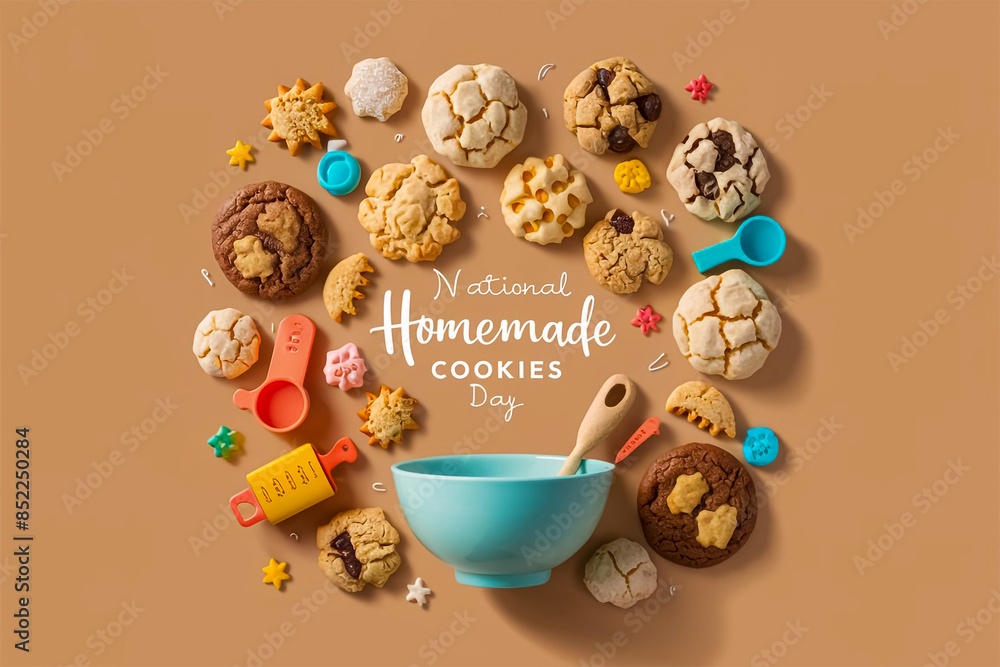 Obraz premium Cookies with Baking Tools on a Light Brown Background