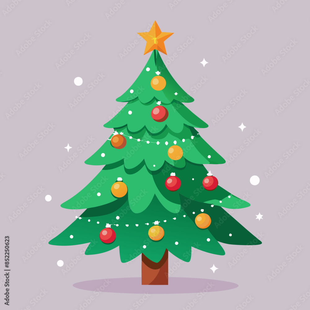 Evergreen tree decorated with lights and ornaments Evergreen tree decorated with lights and ornaments