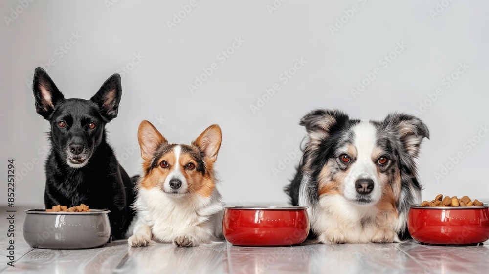 Adorable pets with food bowls on white backdrop Design banner Adorable pets with food bowls on white backdrop Design banner