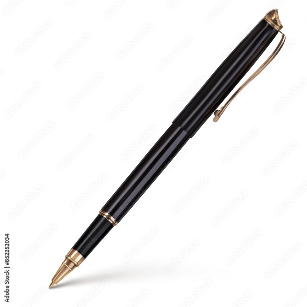 Black ballpoint pen with a cap writes on the surface Black ballpoint pen with a cap writes on the surface