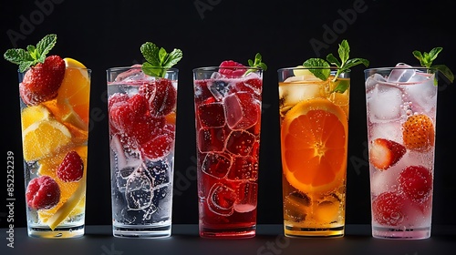A creative advertising banner featuring five colorful and visually appealing soft drinks in transparent plastic cups, arranged neatly on the left side of an isolated black background. Each cup