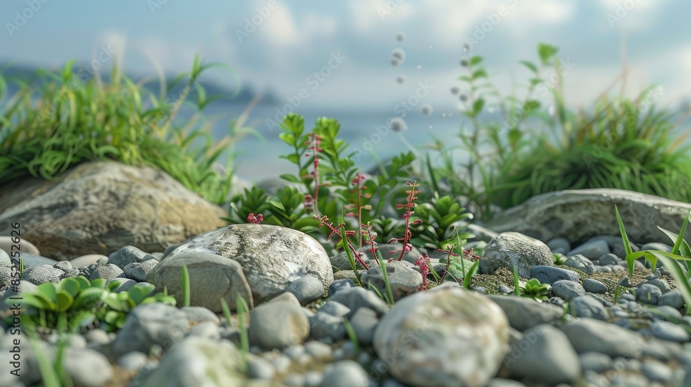 Beach featuring stones and vegetation Beach featuring stones and vegetation