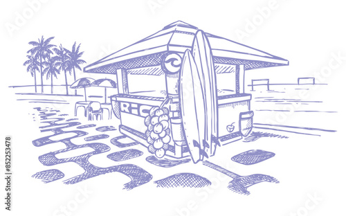 Vector monochrome illustration of beach kiosk. Art in a stripped-down style with simple strokes.