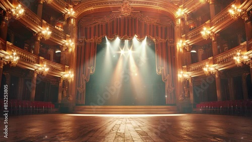 Magic theater stage curtains Show Spotlight, Empty concert stage with illuminated spotlights. Empty Elegant Classical Theater with Curtains. The brightly lit Opera House is Ready to Receive Audiences.