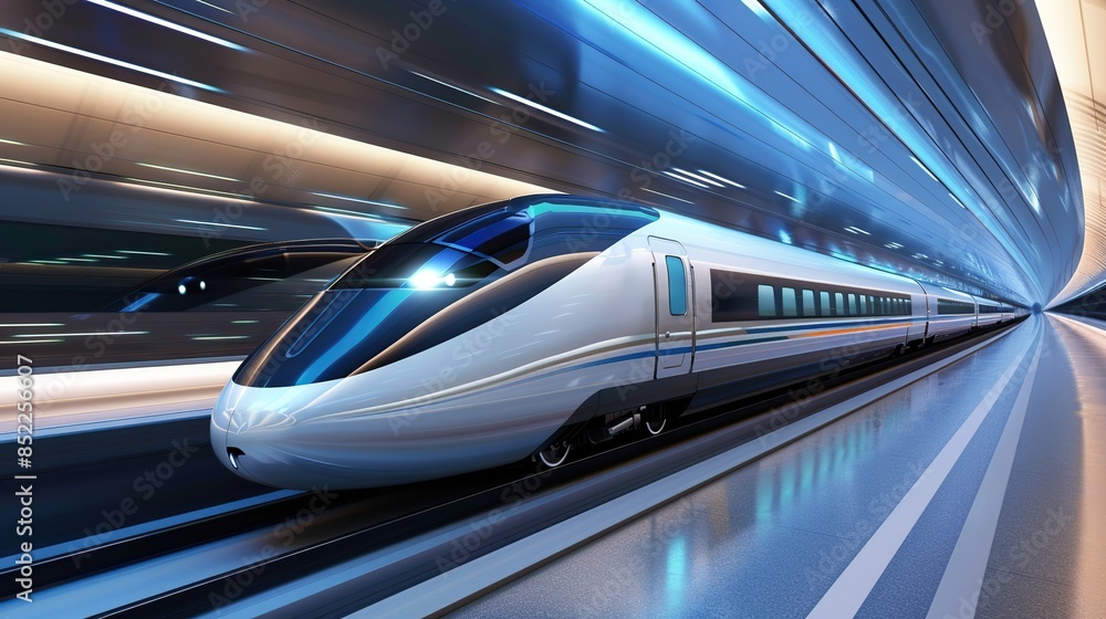 Modern fast train is running at high speed on the track with bright blue lights at the front.