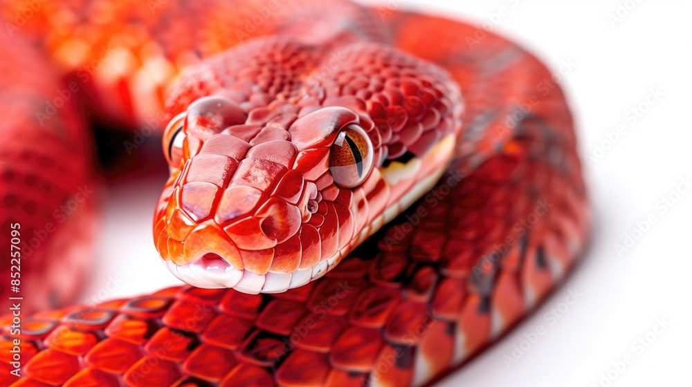 Fototapeta premium Red snake, mesmerizing the eyes, on a white background.
