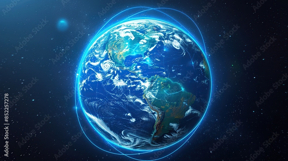 Obraz premium Digital globe with orbit lines and futuristic virtual network connection for high tech satellite communication concept