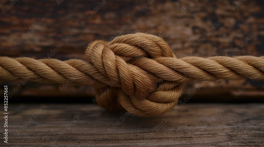 Fototapeta premium Rope Knot Against Rustic Wooden Background