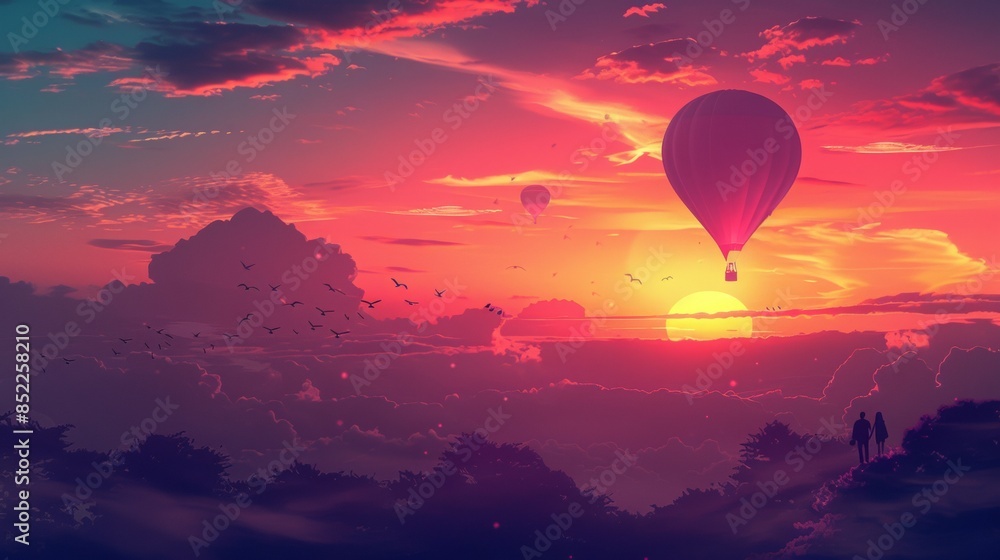 Fototapeta premium a romantic illustration of a couple enjoying a hot air balloon ride during sunset on Valentine's Day 
