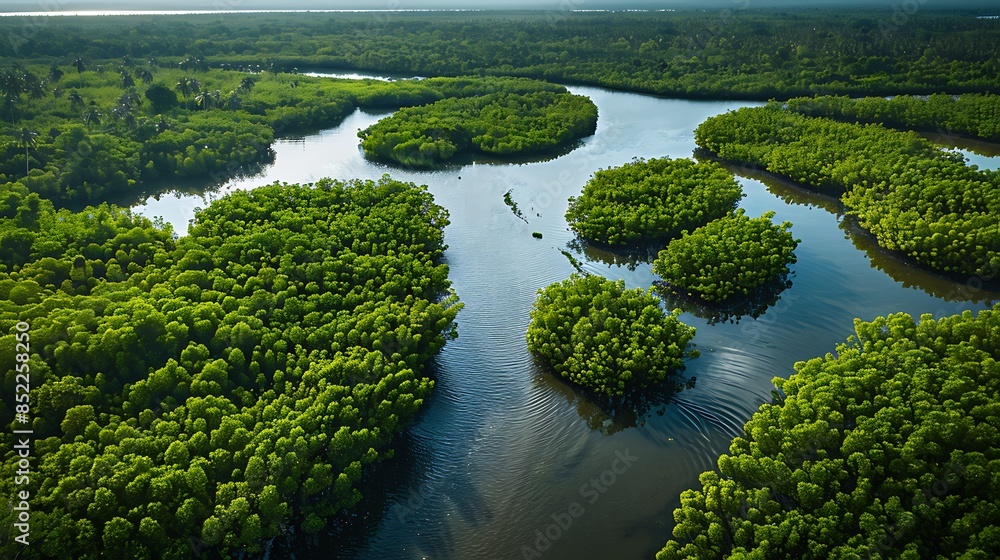 Aerial view of mangrove forest and river in the Indian Ocean jungle island of Monimbo, Aerial view of mangrove forest and river in the Indian Ocean jungle island of Monimbo,