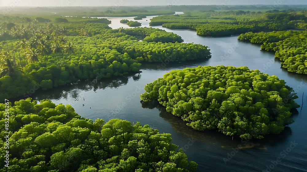 Aerial view of mangrove forest and river in the Indian Ocean jungle island of Monimbo, Aerial view of mangrove forest and river in the Indian Ocean jungle island of Monimbo,