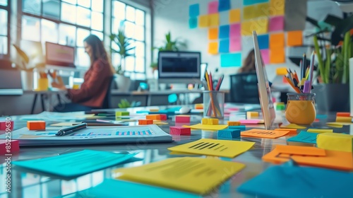 Team of innovators brainstorming product improvements, colorful sticky notes and digital tools in a vibrant office