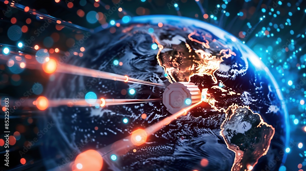 Planet Earth with futuristic fiber optic cables for global communication and digital network connection technology Planet Earth with futuristic fiber optic cables for global communication and digital network connection technology