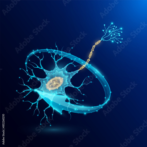 Nerve cell in form style polygon low poly surrounded by arrows glowing on dark blue background. Used for design medical science advertisements. Vector EPS10 illustration.
