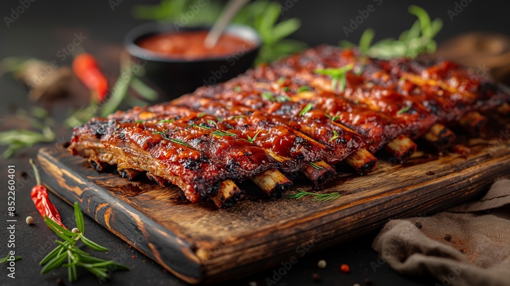Barbecue Ribs with Sauce on Rustic Platter and Herbs Barbecue Ribs with Sauce on Rustic Platter and Herbs