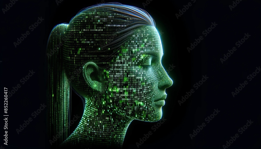 A detailed image of a woman's profile composed entirely of binary code, forming a digital portrait. A detailed image of a woman's profile composed entirely of binary code, forming a digital portrait.