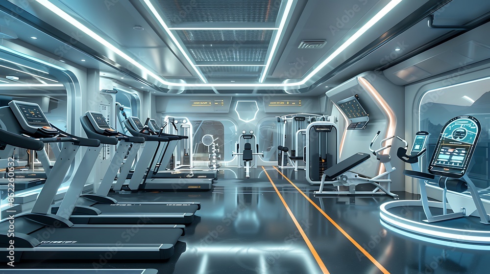 Obraz premium Futuristic High-Tech Gym Interior with Interactive Cardio Machines and Modern Strength Training Stations for Effective and Enjoyable Workouts