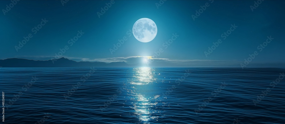 Serene Ocean Under Moonlight with Mountains Silhouette Serene Ocean Under Moonlight with Mountains Silhouette