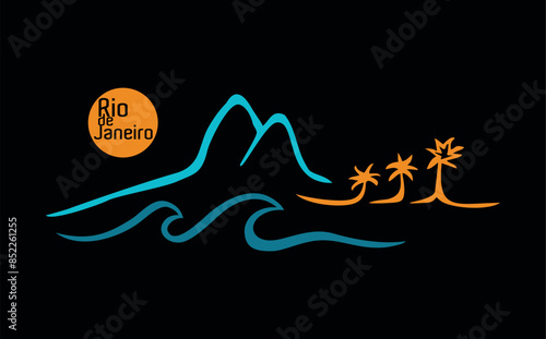 Vector, stylized illustration of the coastal landscape of the city of Rio de Janeiro, Brazil. Drawing in simple and stripped strokes.