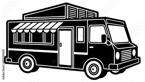 Black Food truck in the white background, serving delicious street food. A food servicing truck in the white background.