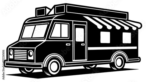 Black Food truck in the white background, serving delicious street food. A food servicing truck in the white background.