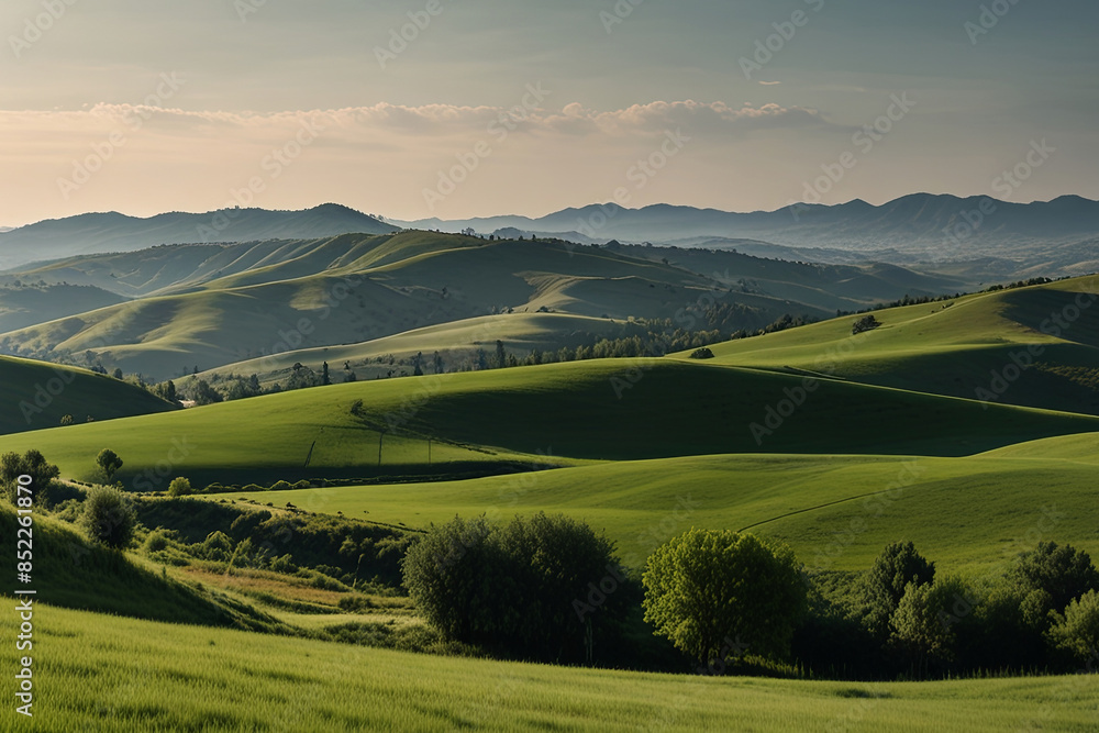 Panoramic view of lush green hills against. Serene natural landscape, perfect for environmental concepts. Panoramic view of lush green hills against. Serene natural landscape, perfect for environmental concepts.