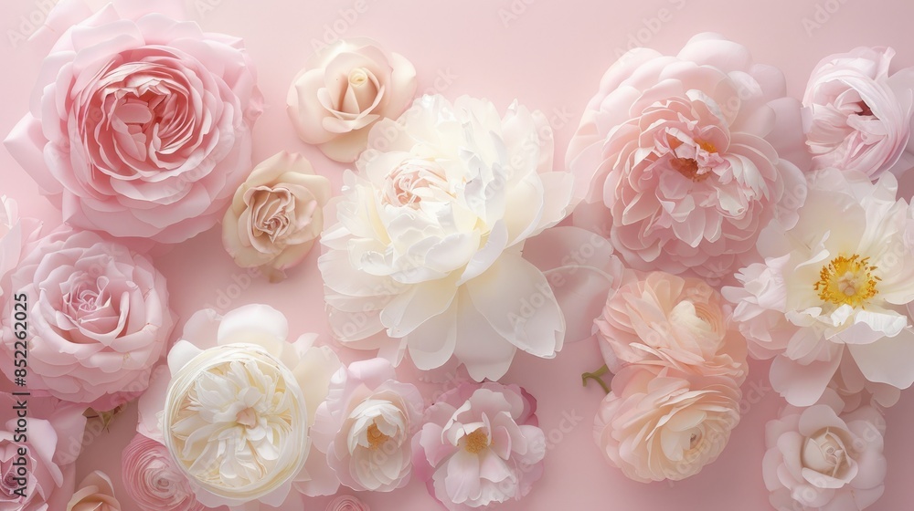 A soft array of peonies and roses set against a pale pink backdrop Pastel hue Ideal for greeting cards invites and postcards A soft array of peonies and roses set against a pale pink backdrop Pastel hue Ideal for greeting cards invites and postcards