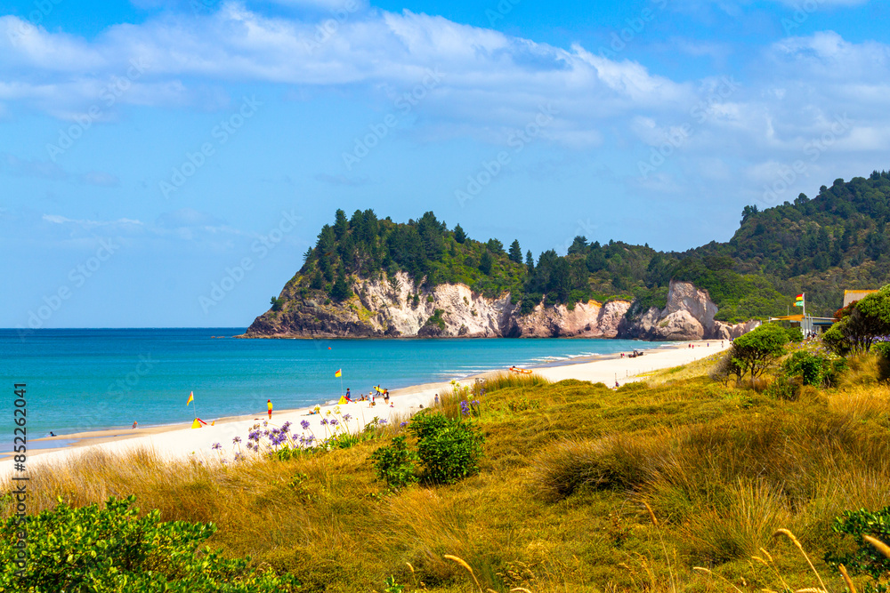 White Sandy Beach, Landscape Scenery Whiritoa Beach at Coromandel Peninsula in the North Island of New Zealand