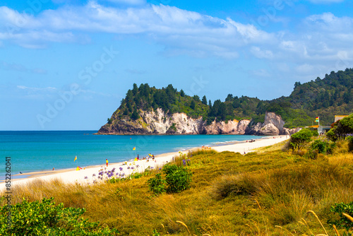 Obraz na płótnie White Sandy Beach, Landscape Scenery Whiritoa Beach at Coromandel Peninsula in the North Island of New Zealand w salonie
