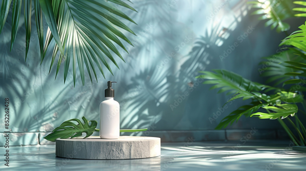 Minimal abstract cosmetic background for product presentation. Cosmetic bottle podium and green palm leaf on grey color background. 3d render illustration. Object isolate clipping path included Minimal abstract cosmetic background for product presentation. Cosmetic bottle podium and green palm leaf on grey color background. 3d render illustration. Object isolate clipping path included