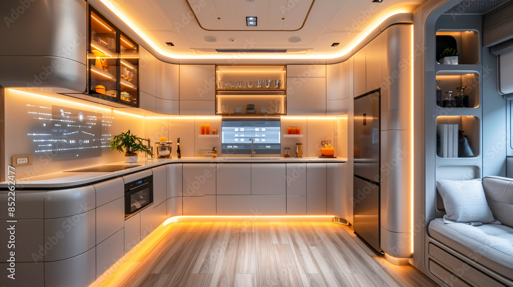 A futuristic kitchen equipped with the latest technology, featuring an interactive backsplash, smart refrigerator, and streamlined cabinetry with built-in lighting. A futuristic kitchen equipped with the latest technology, featuring an interactive backsplash, smart refrigerator, and streamlined cabinetry with built-in lighting.