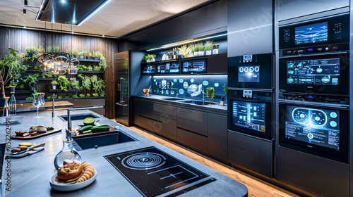 High-tech kitchen combining modern design with smart appliances, such as a touch-activated oven, automated cabinets, and interactive backsplash displays.