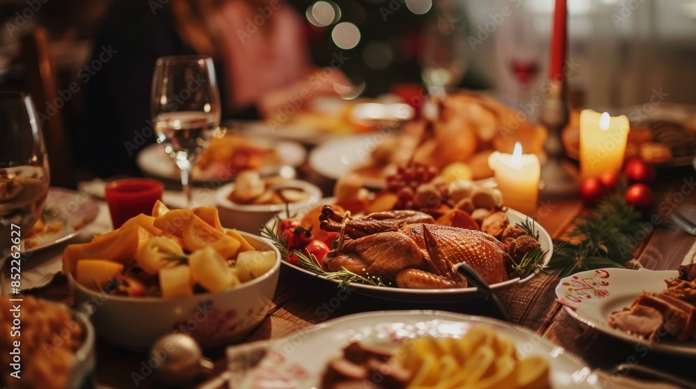 Christmas Dinner Table with Roasted Chicken Christmas Dinner Table with Roasted Chicken