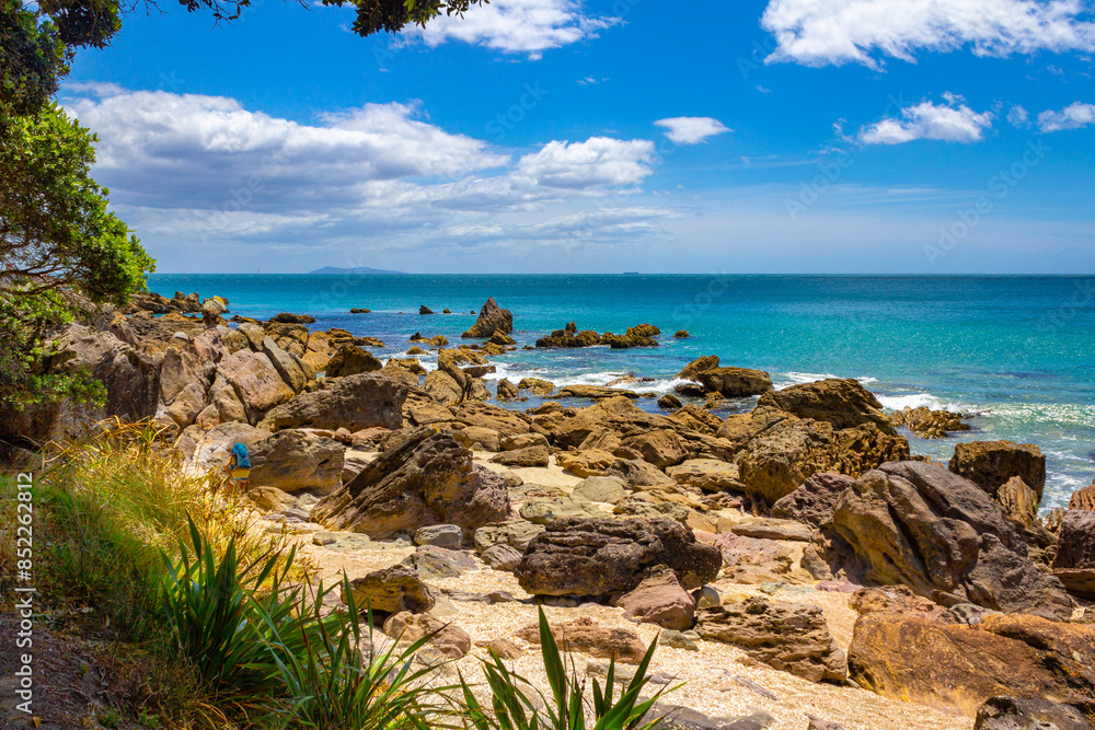 Landscape Scenery of Mount Maunganui Beach, Tauranga - New Zealand; Rocky Part of the Beach