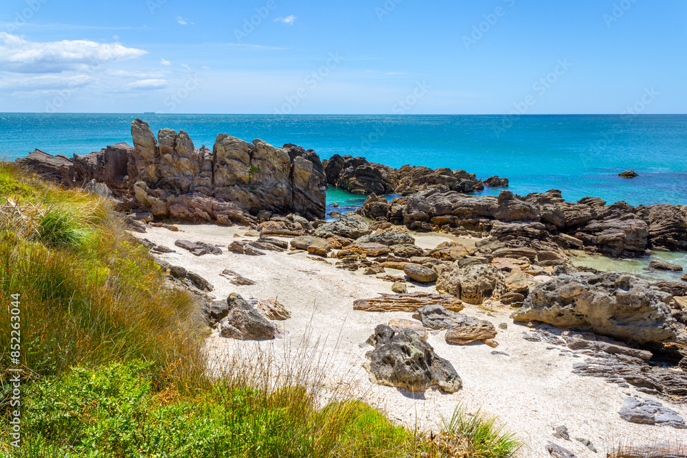 Landscape Scenery of Mount Maunganui Beach, Tauranga - New Zealand; Rocky Part of the Beach