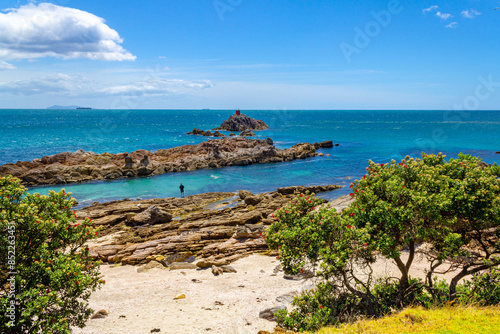 Obraz na płótnie Landscape Scenery of Mount Maunganui Beach, Tauranga - New Zealand; Rocky Part of the Beach w salonie