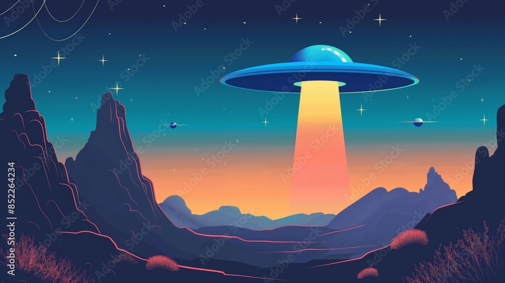 Illustration of a UFO hovering over mountainous landscape at night. Illustration of a UFO hovering over mountainous landscape at night.