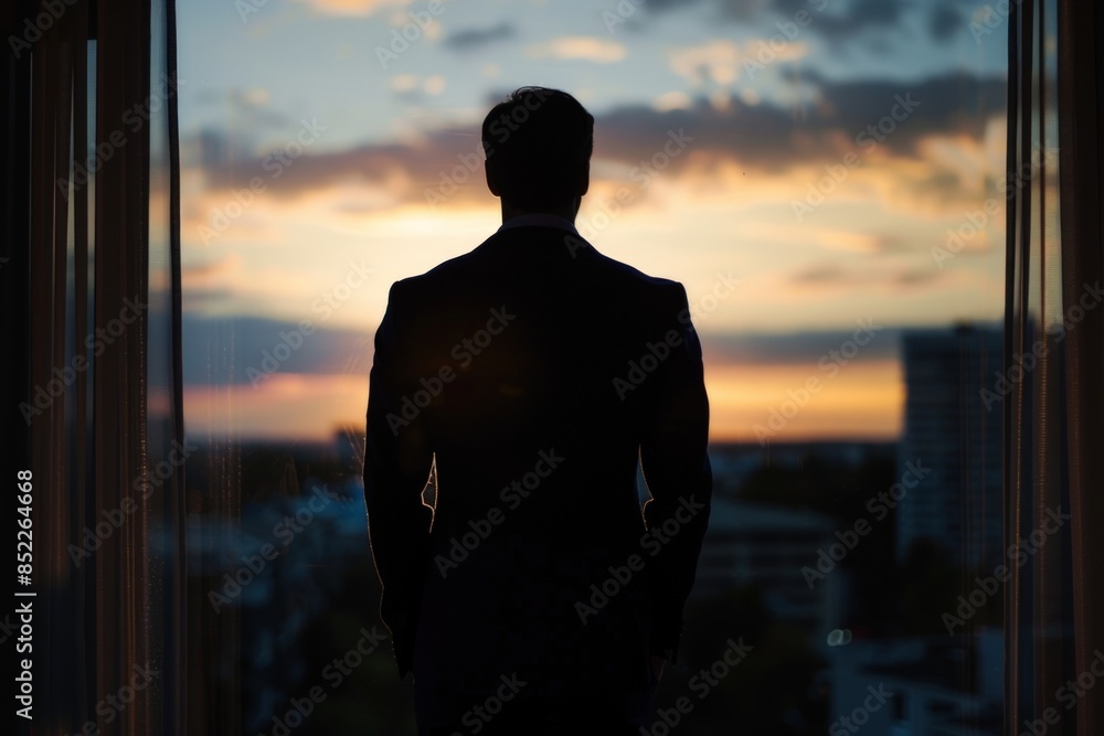 A man in a suit is standing in front of a window, looking out at the city below A man in a suit is standing in front of a window, looking out at the city below